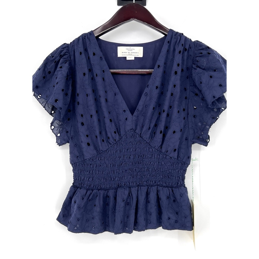 Birds of Paradis Trovata Top Womens S Navy Blue Eyelet Smocked Peplum Blouse
